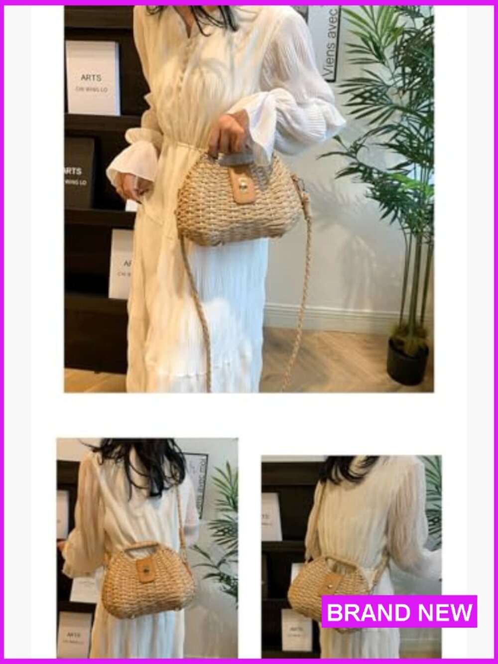 Handmade Straw Woven Beach Clutch Crossbody Shoulder Bag Summer Vacation Shell - Picture 4 of 7